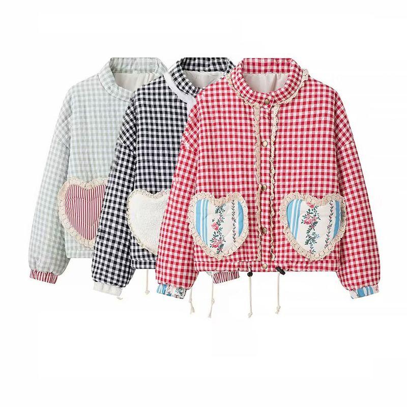 Kaslead New Women Clothes Western Style Fashion Simple and Versatile Lace Plaid Cotton-Padded Coat Outerwear