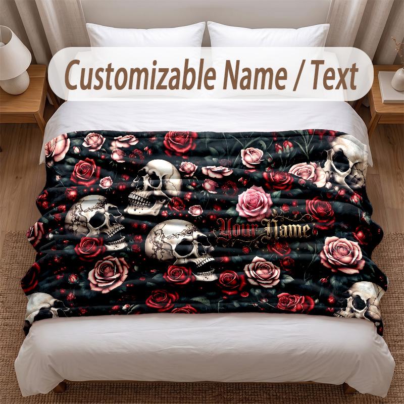 Skull Gothic Theme Soft Blanket Personalized Custom Name Text Print Warm Blanket Home Sofa Bedroom Decor