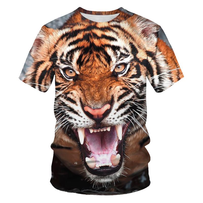 Summer Lion and Tiger 3D Digital Printing Round-neck T-shirt with Short Sleeves - Youth Underwear Shirt
