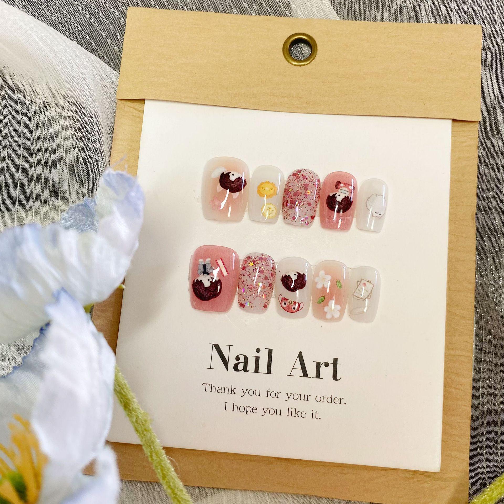 

Childlike Pink Glitter Anime Cartoon Short Wearable Nails