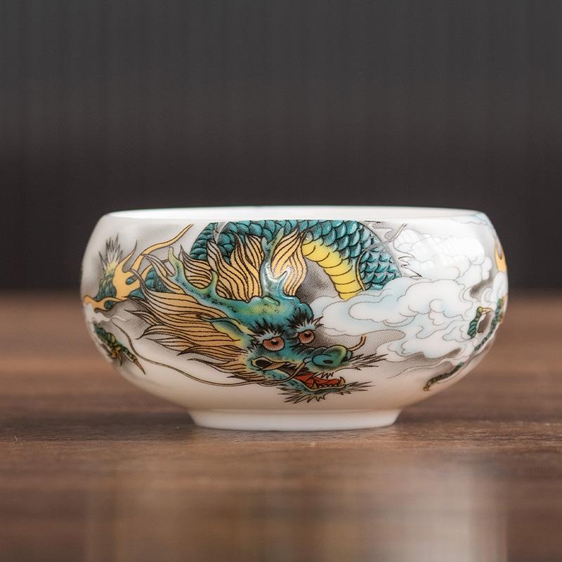 High-grade ceramic teacup Kung Fu cup owner Dragon Year limited hand-painted suet jade white porcelain single cup tea set accessories