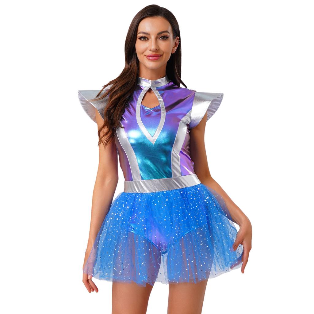 Womens Alien Cosplay Dress Fly Sleeve Front Hollow Out Metallic Shiny Patchwork Tulle Hem Built-in Briefs
