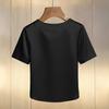 Damen T-Shirt Rundhals Satin Stoff T-Shirt mit Handgenähten Imitationsperlen Kurze Ärmel Lockerer Schnitt Lässige Oberteile