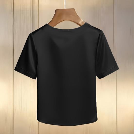 Damen T-Shirt Rundhals Satin Stoff T-Shirt mit Handgenähten Imitationsperlen Kurze Ärmel Lockerer Schnitt Lässige Oberteile