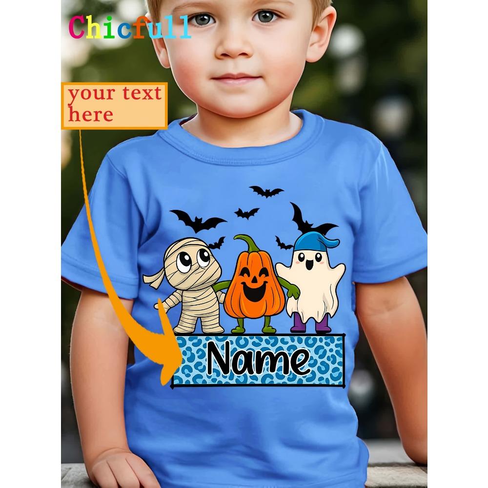 Personalized Halloween T-shirt for Boys, Featuring a Scary Mummy and Bat Print Round-neck Casual Style