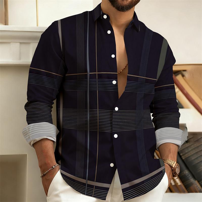 Nuova camicia da uomo a blocchi di colore patchwork a maniche lunghe, camicia casual da lavoro a righe geometriche, top da uomo slim-fit, taglie S-6XL.