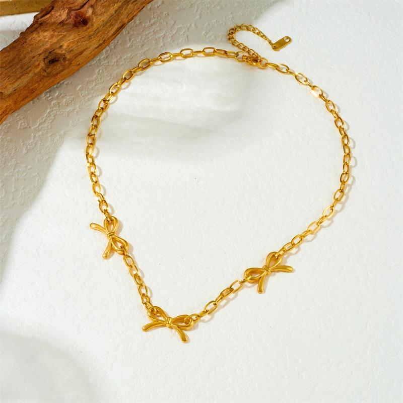 18K Gold Plated Triple Bow Charm Necklace, Dainty Paperclip Chain Bowknot Choker for Women, Cute Daily Jewelry золотой