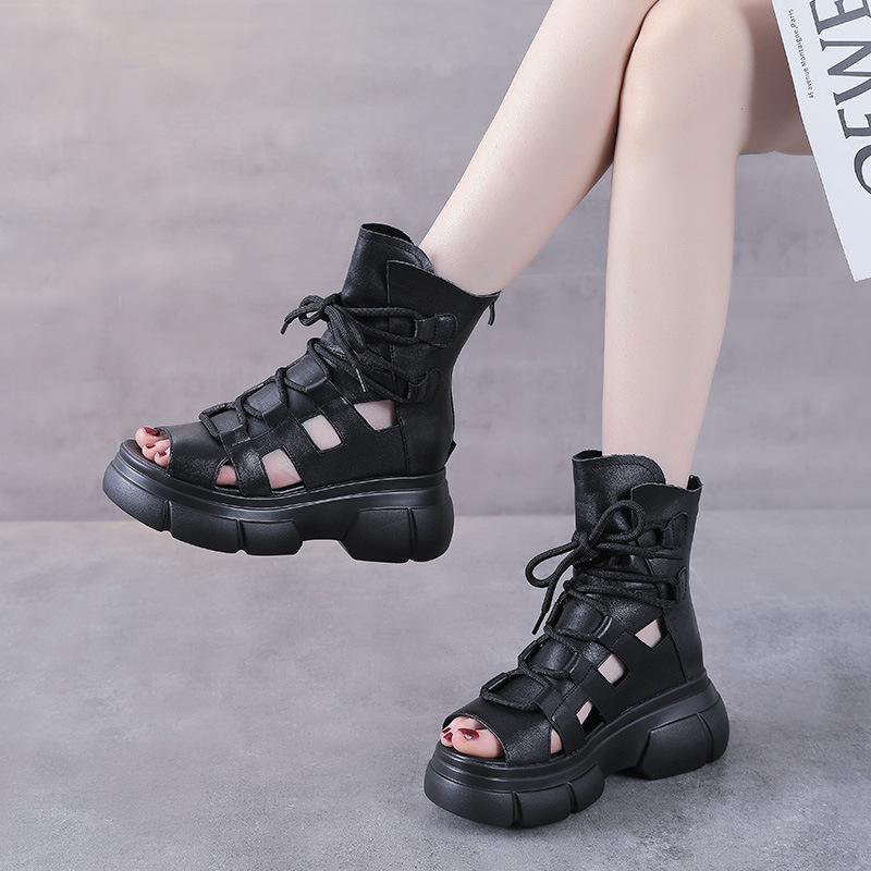 Fashion 6.5CM Retro Genuine Leather Open Toe Sandals Women Summer Platform Increasing Hollow Back Zipper High Top Casual Sandals Black