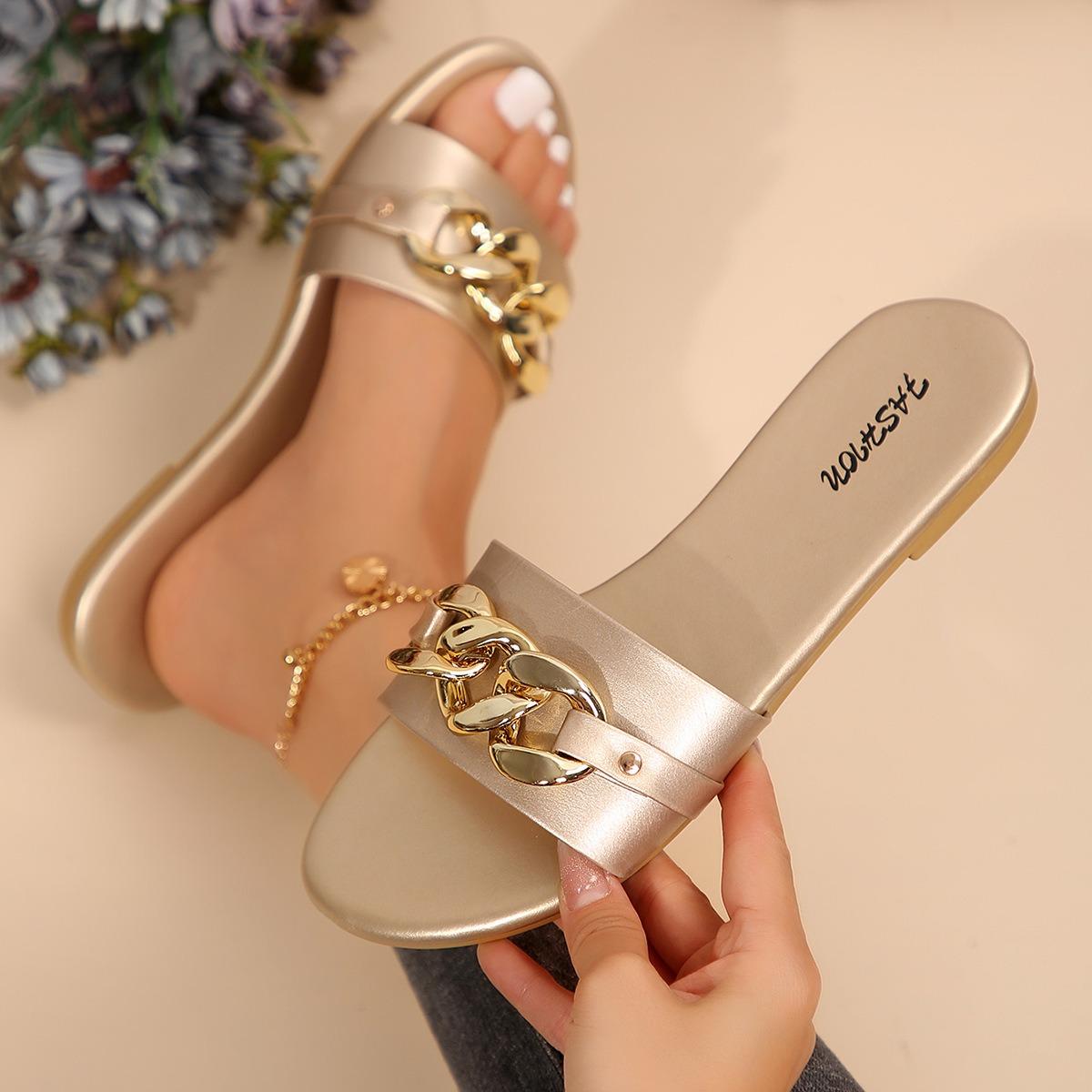 Women s Shoes Fashionable Slippers for Ladies Solid-colored Metal Decorations Square-toed Flat Shoes Comfortable Solid-colored Simple Slippers 36 золотой 1100₽