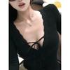 Elegant Spicy V-Neck Lace Patchwork Long-Sleeve Top for Women - Autumn/Winter