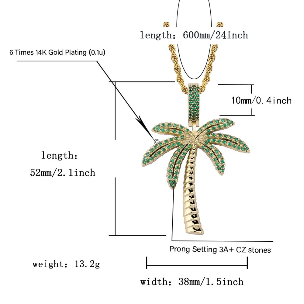 Kokosová palma Iced Out Přívěsek a náhrdelník z kubické zirkonie Zlatá Stříbrná Barva Plátovaný Hip Hop Pánské Šperky