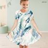 Girls Round Neck Short Sleeve A Line Flared Hem Printed Dress