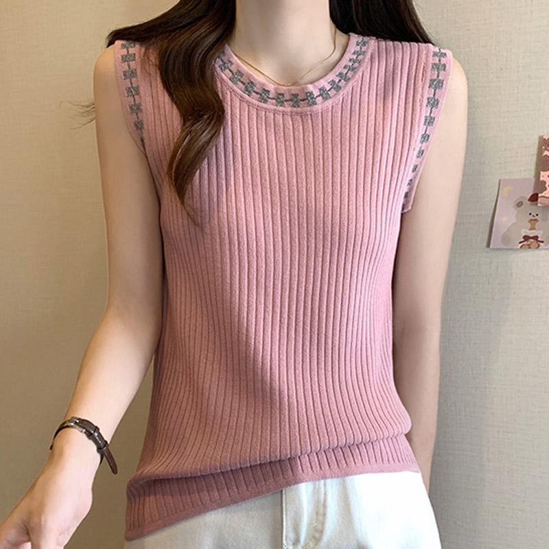 

Майки белые женские летние 2025 без рукавов с круглым вырезом черные узкие трикотажные майки майки повседневные женские топы JJ248 One Size розовый