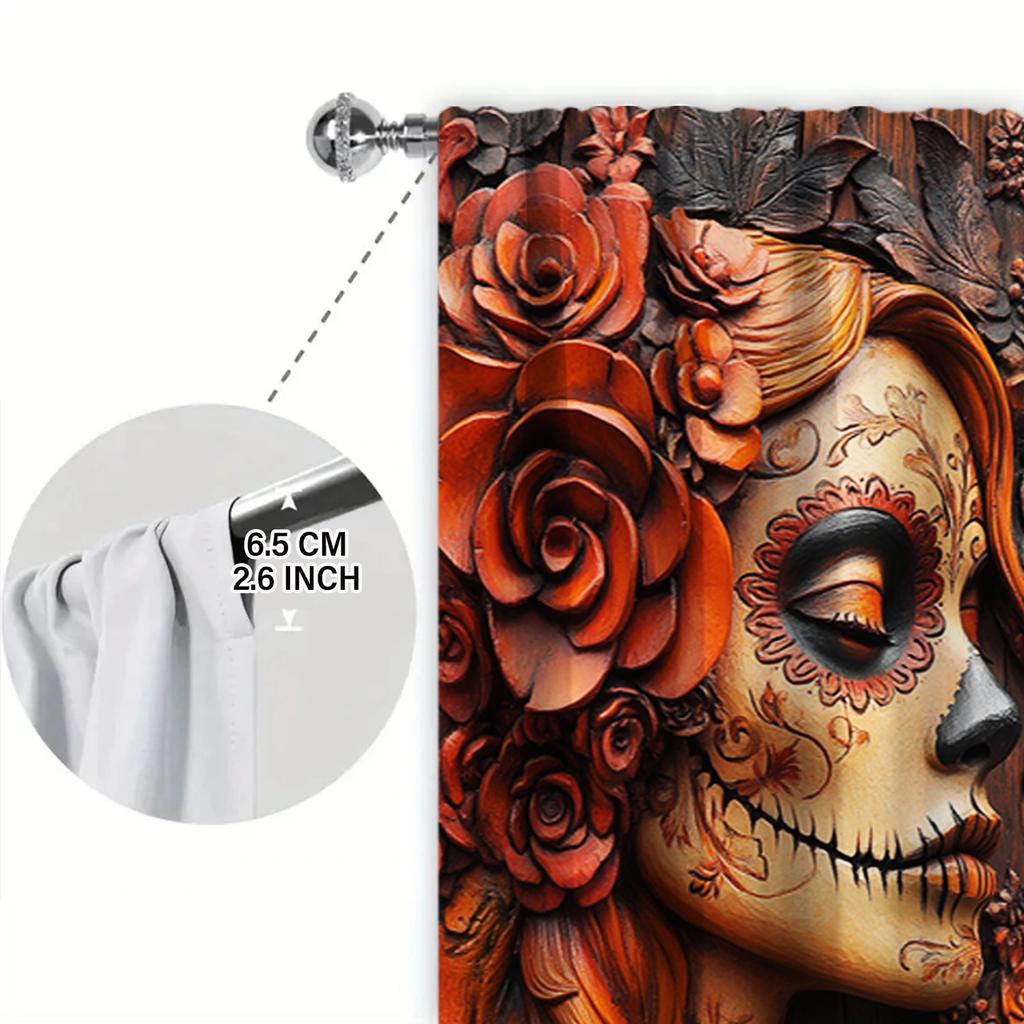 2pcs Wooden Carving Skeleton Love Printed Curtain for Halloween Home Decor - Rod Pocket Window Treatment for Bedroom, Office