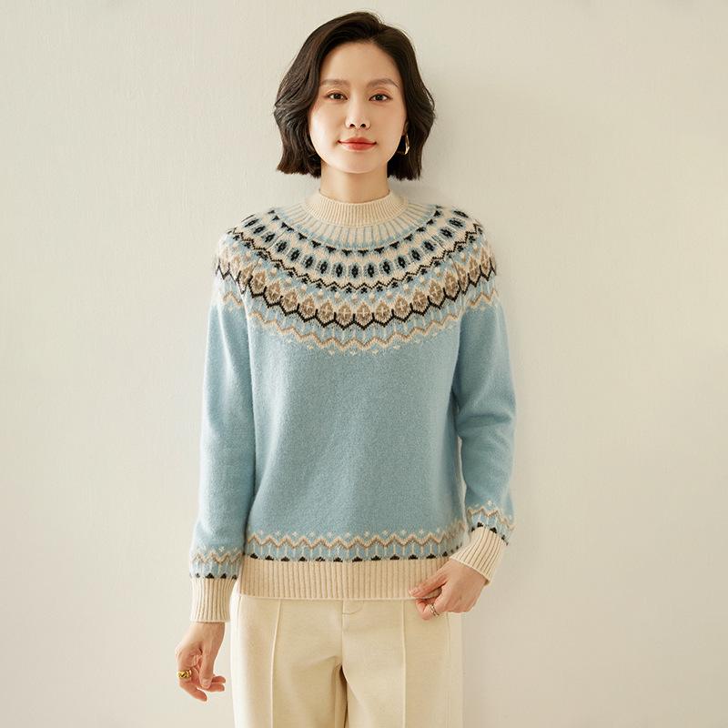 Women's Thickened Fair Isle Cashmere Pullover Sweater - Round Neck, Long-Sleeve, Double-Ply Wool Jacquard