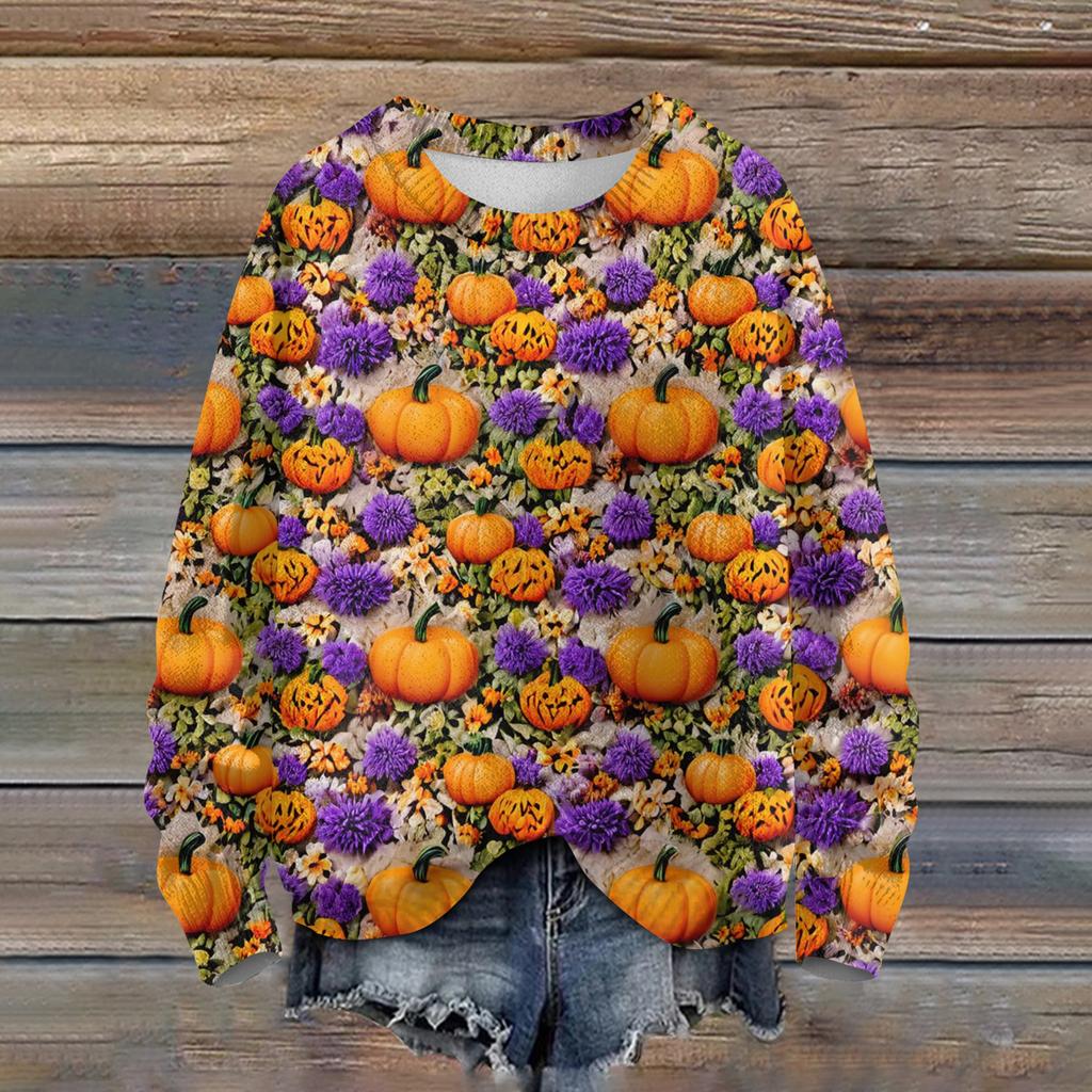Ladies' Fashionable Casual Long Sleeved Halloween Printed Round Neck Knitted Yarn