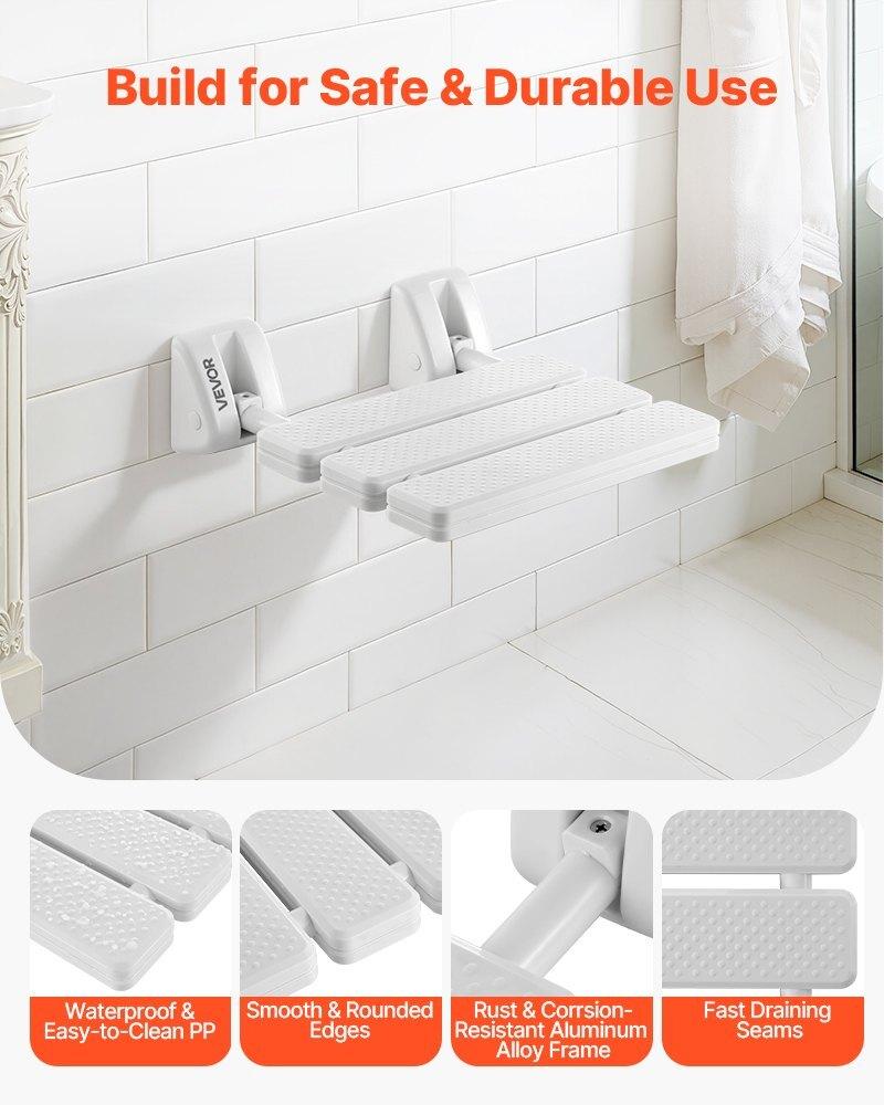 Foldable Shower Seat Wall Mounted, 317mm Folding Shower Bench, PP Fold-Down Bathroom Corridor Seat with Aluminum Alloy Frame for Adults Seniors, 100kg