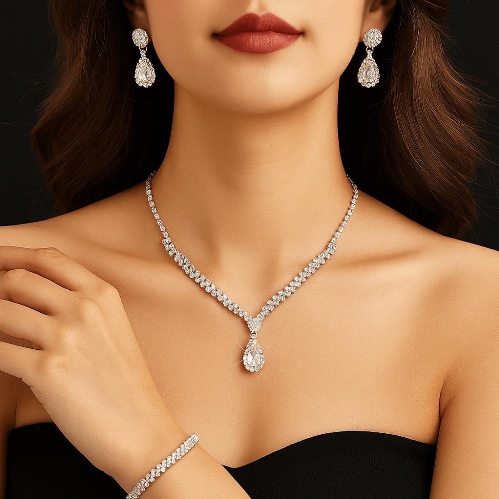 Zircon Necklace Earring Set Luxury Rhinestone Bracelet Trendy Bridal Jewelry Set  Wedding
