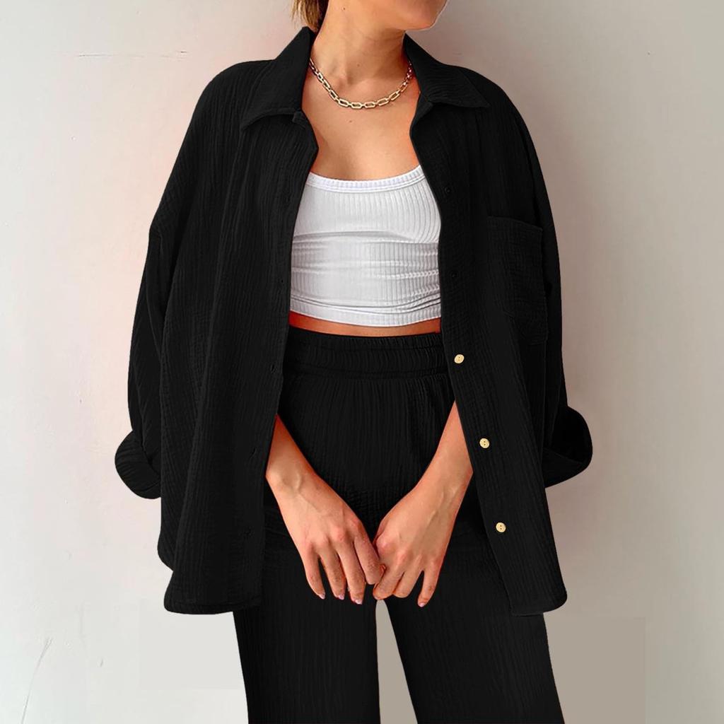 Two Piece Suit Women Summer Muslin Shirt And Trousers Clothes Two Piece Beachwear Suit Two Piece Suit Women