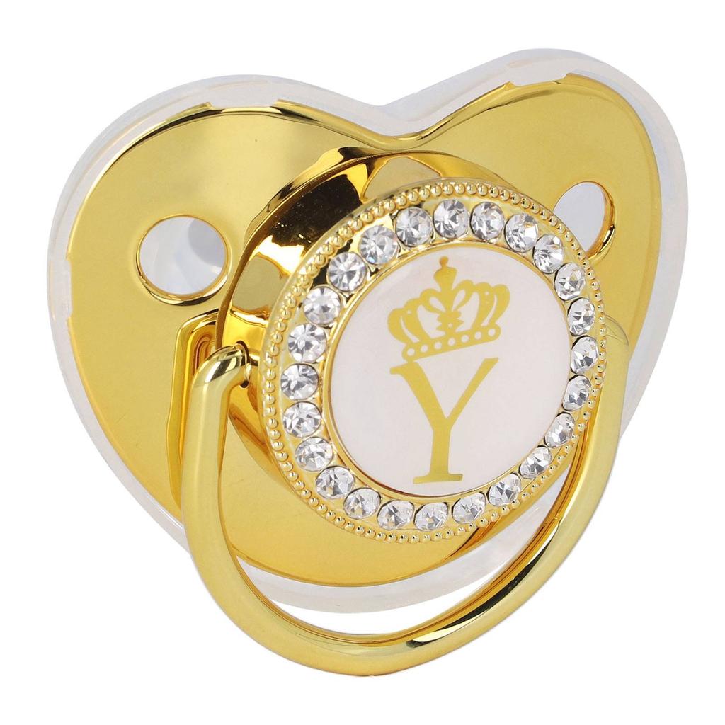 Baby Pacifier Infant Portable Exquisite Golden Crown Letter Rhinestone Pacifier with Chain Clip