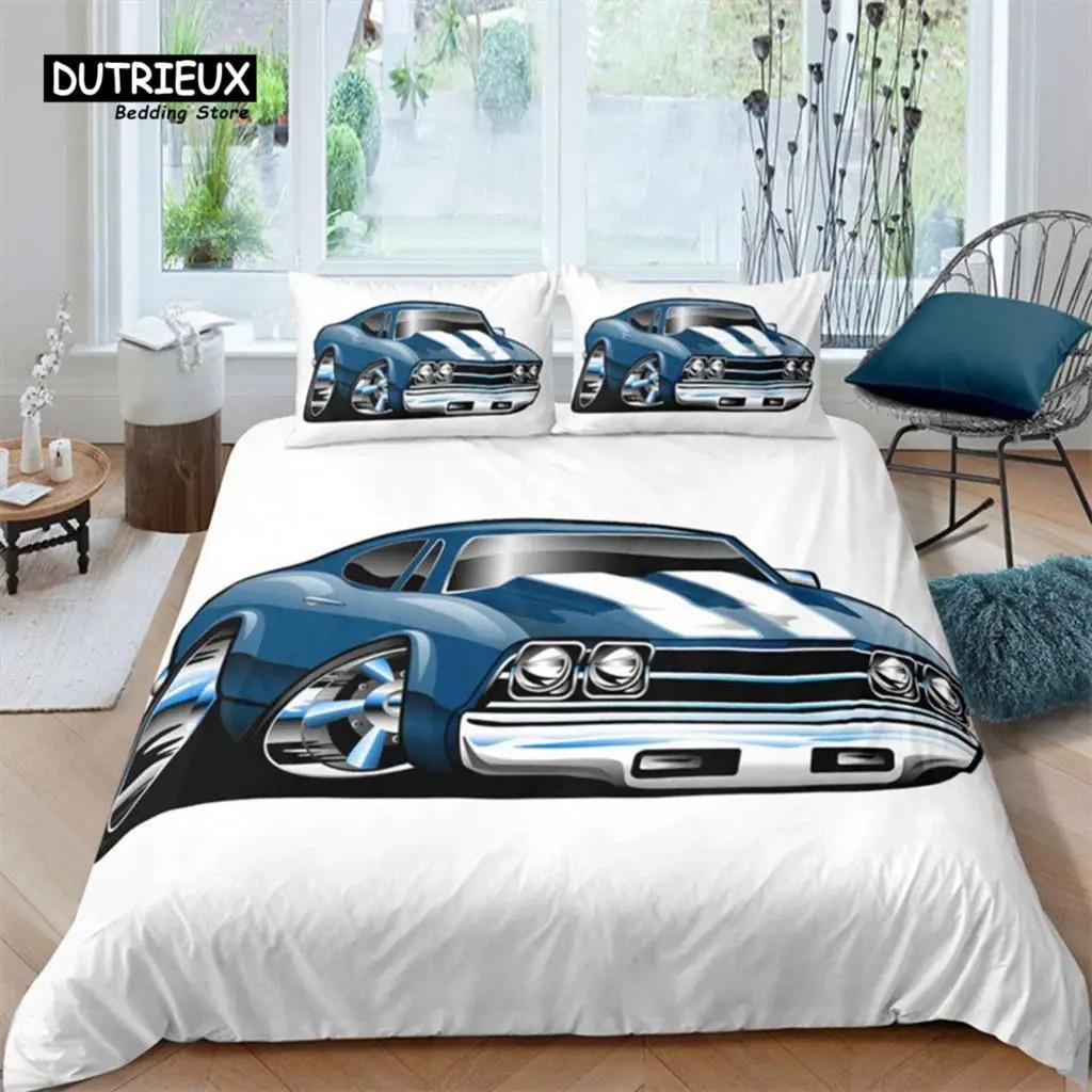 Retro Auto Bettbezug Full Vintage Autos Bettwäsche Set Stadt Gebäude Bettdecke Bezug Kissenbezüge Für Kinder Jungen Teenager Schlafzimmer Dekor