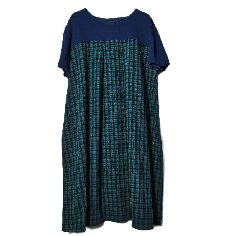 Export Original Order Leftover Stock Tencel Rayon Printed Stitching Short Sleeves Dress Female Loose Plus Size Mid Length Long Length Tops Summer