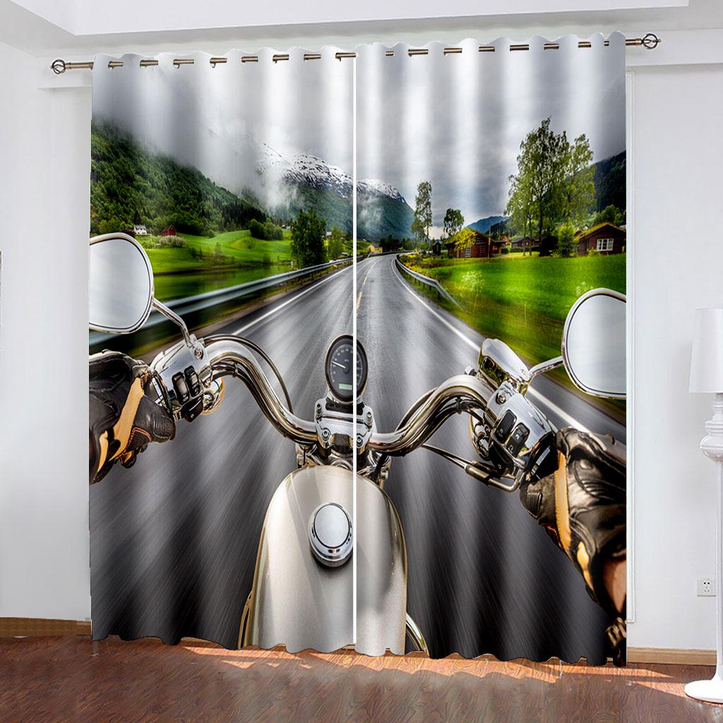 Motorcycle Printed Woven Curtains Two Independent Curtains On The Left and Right  Blackout Curtains for Bedrooms