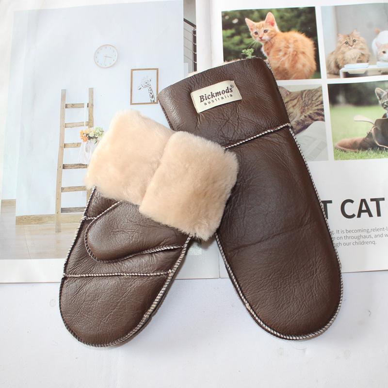 New Winter Warm Women's Sheepskin Gloves Thickened Wool Lined Solid Finger Leather Gloves