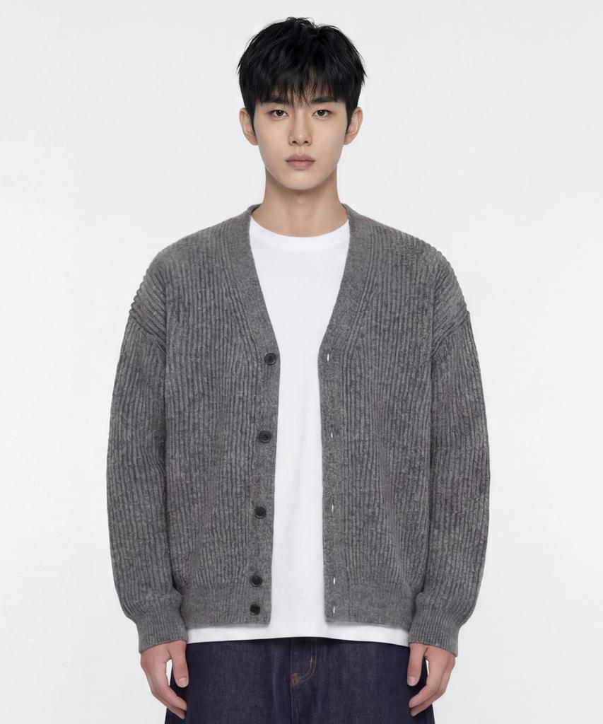 AGOD Hairy Ribbed Knit Cardigan [Heather Grey]