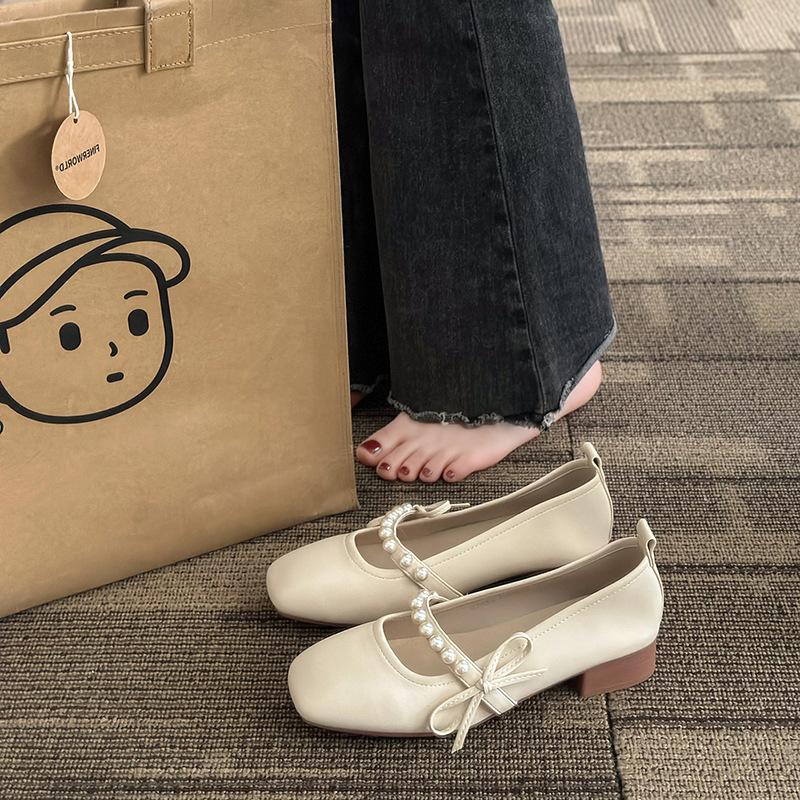 Mary Jane Women's Shoes 2025 New Spring and Summer Single Shoes Women's Flat Bottom Shallow Mouth Square Head Soft Sole Medium Heel Thick Heel Smal