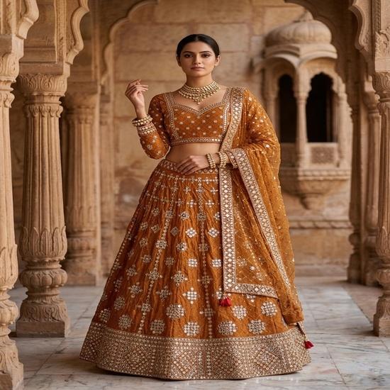 Mustard Yellow Faux Georgette Lehenga Choli with Real Mirror and Sequins Embroidery FREE SIZE