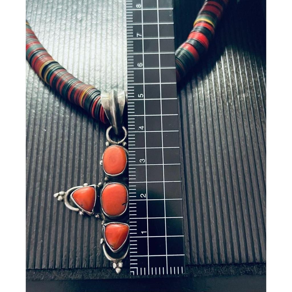 Used Navajo Silver Coral Cross Micarta Bead Necklace
