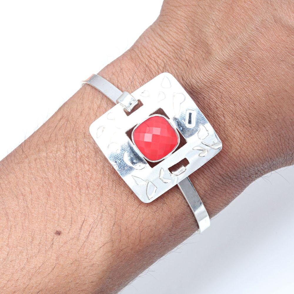 Red Coral Gemstone Handmade Silver Jewelry Cuff Bracelets 7''Adjustable