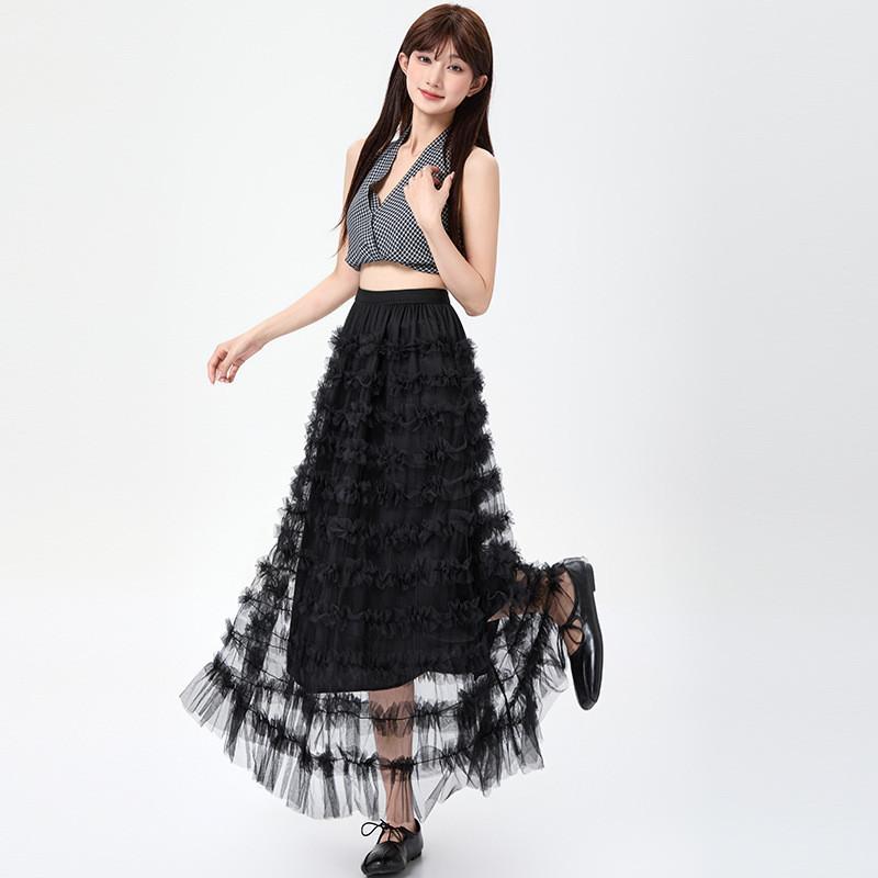 

Qooth Ruffle Tulle Maxi Skirt Layered Cake A-Line Skirt Flattering QT2859 One Size чорний