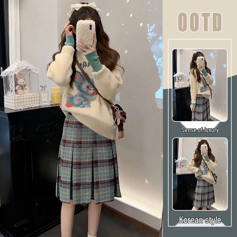 

2025 Autumn/Winter Korean High Neck Knitwear & Pleated Skirt Three-Piece Set for Women S [Recommended for 80-95 lbs]