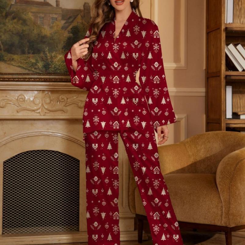 Ladies Plus Size Christmas Tree Print Long Sleeve Trousers Pajamas Set