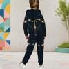 Girls Red Blue Star Printed Hooded Two Piece Set Long Sleeve Kangaroo Pocket Top Cuffed Pants