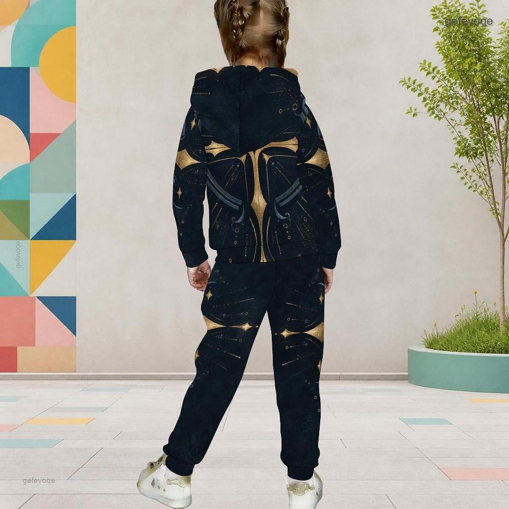 Girls Red Blue Star Printed Hooded Two Piece Set Long Sleeve Kangaroo Pocket Top Cuffed Pants