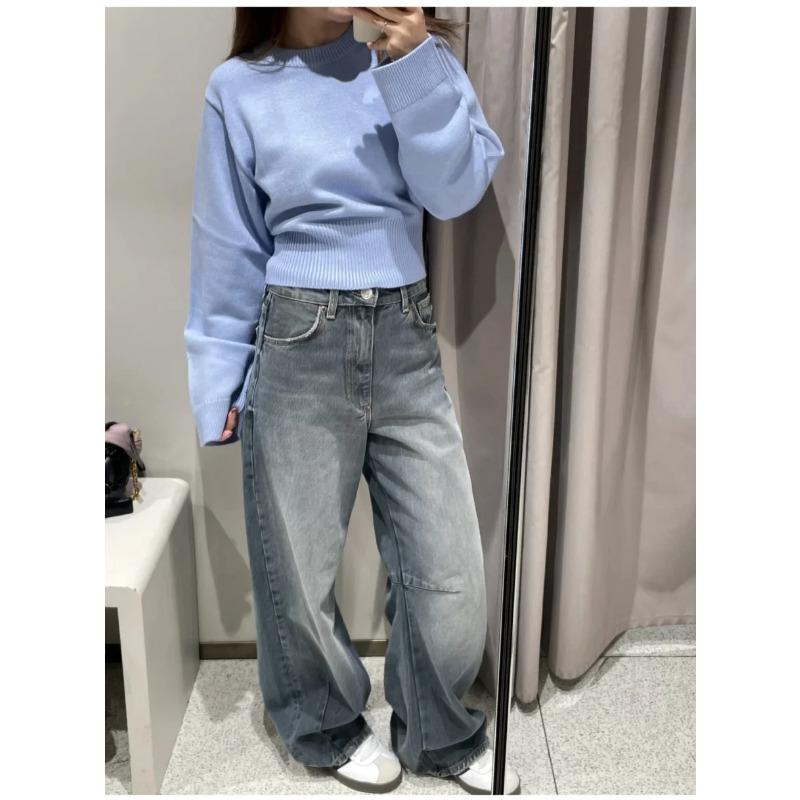 Maglione Lavorato a Maglia Girocollo Manica Larga Prodotto Cardigan Corto a Maniche Lunghe con Orlo a Coste Ultra-ampie da Donna