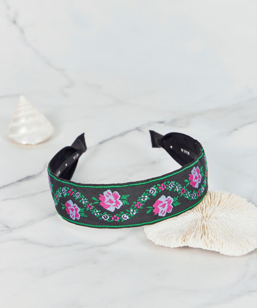 Maia Pearl Flower Jacquard Hairband A-Plain Green