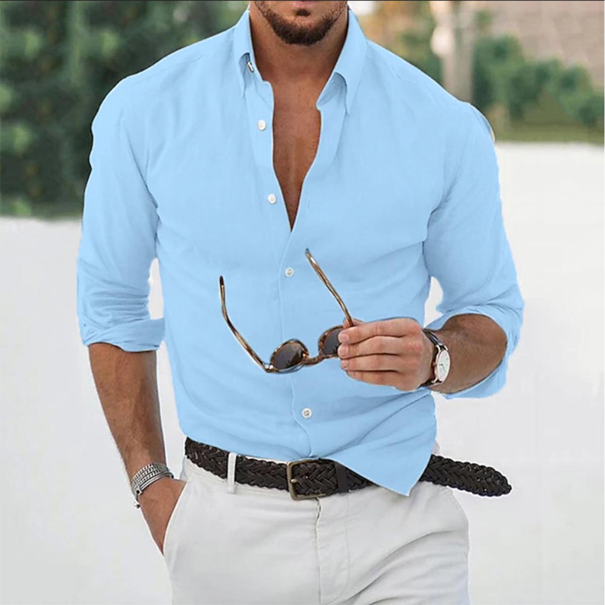 

Men s Solid Color Cotton Linen Autumn Collar Long Sleeved Shirt 3XL синій