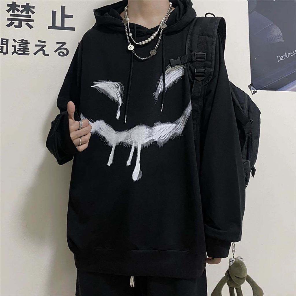 Diablo Graffiti Smiley Print Sweater Men's Street Fleece-lined Thickened Loose Plus Size Hip-Hop Autumn and Winter Jacket