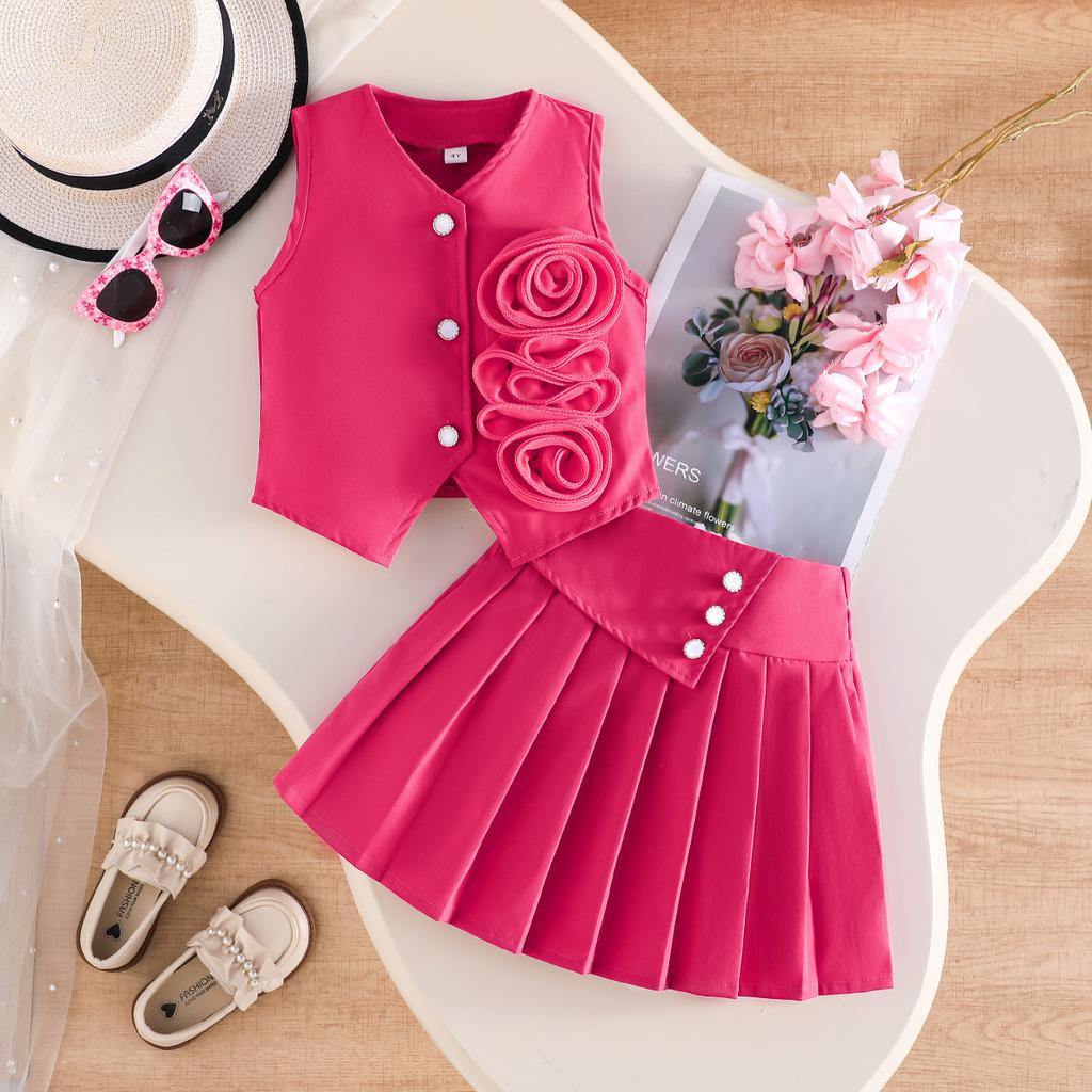 2PCS Girls Flower Applique Sleeveless Vest & Pleated Skirt Set, Button-Down Two-Piece Outfit