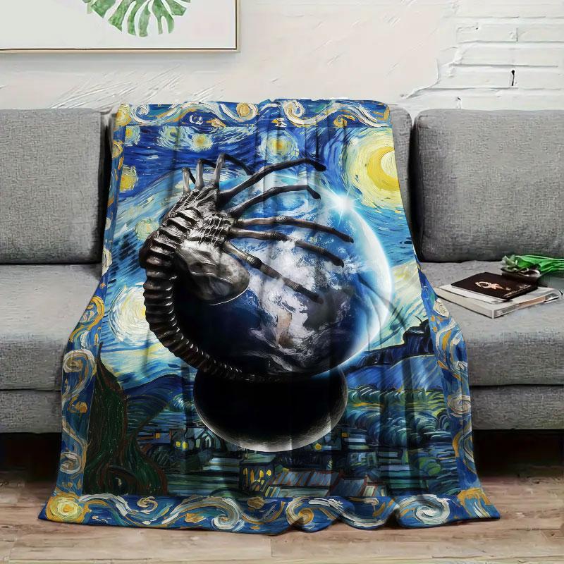 1Pc ArtAlien Print Flannel Blanket, High quality Comfortable for All Seasons, Warmth and Comfort, Perfect for Christmas Gifts