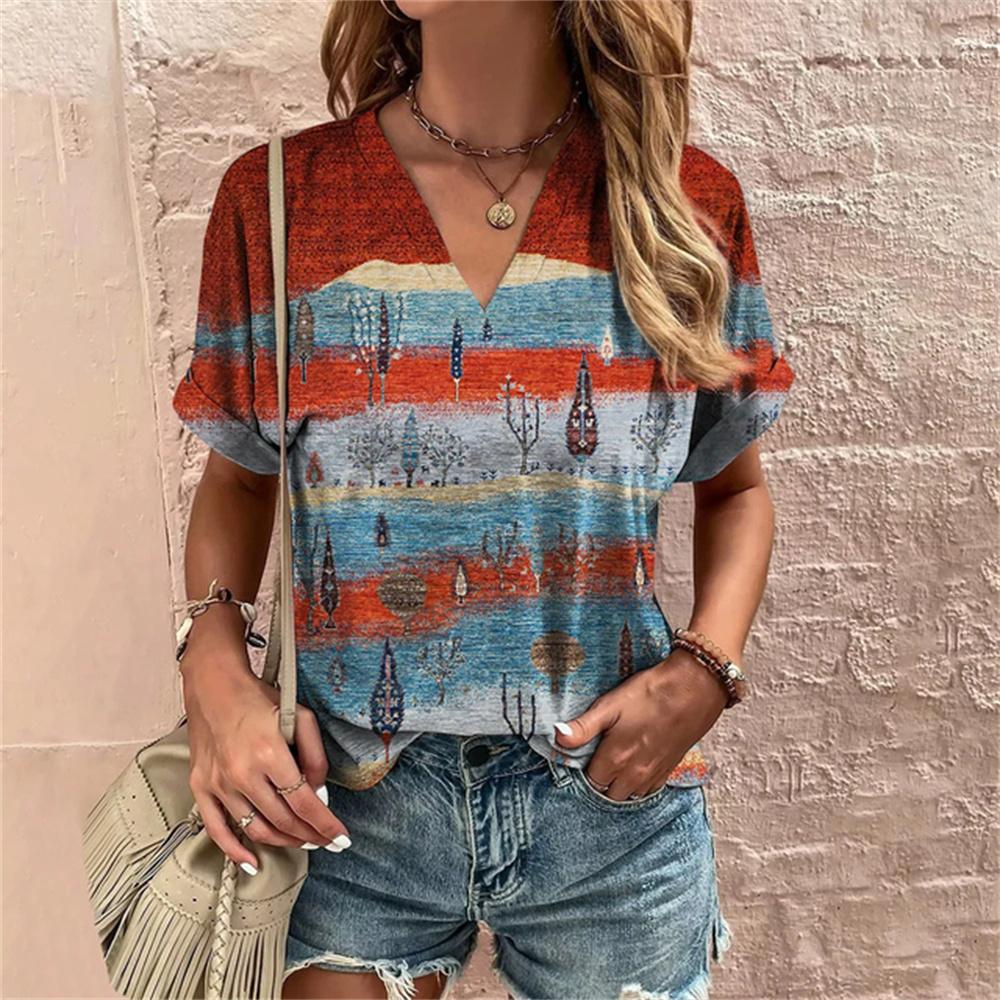 Retro Summer 3d TShirt Harajuku Casual Short Sleeve Women's T-Shirts Fashion Characters Top Tee V-Neck Oversized Female Clothing