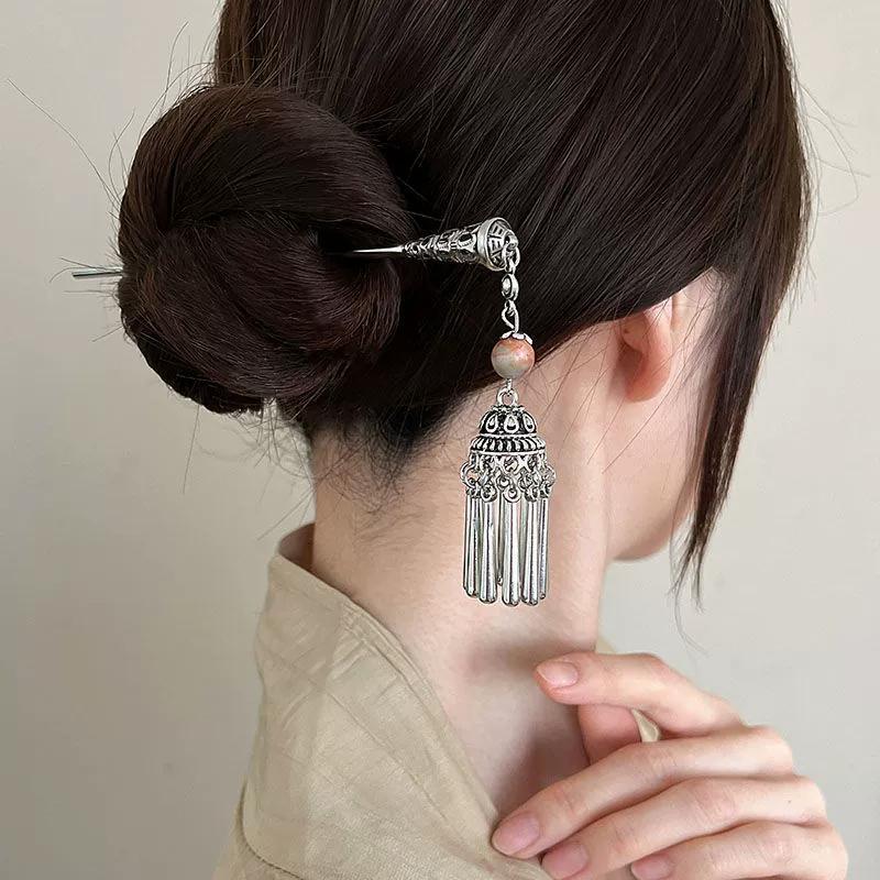 Chinese Style Butterfly Fan Tassel Hair Stick For Women Vintage Metal Hanfu Chopstick Hair Sticks Hair Accessories
