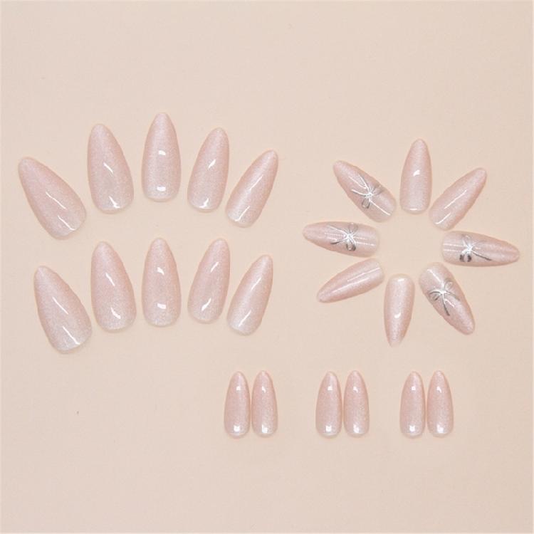 24 Pieces Press On Nail With Bows Details Glossy Full Cover Stick On Nail Acrylic Artificial Nail for Women Girls