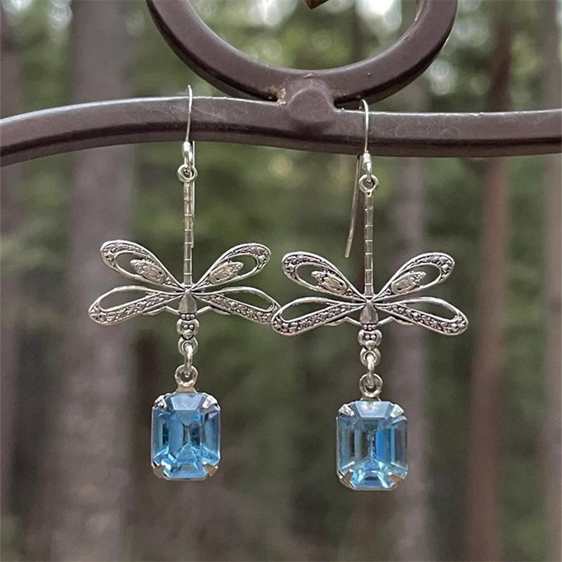 

Gorgeous Silver Color Metal Geometry Square Dragonfly Blue Stone Dangle Earrings for Women Jewelry