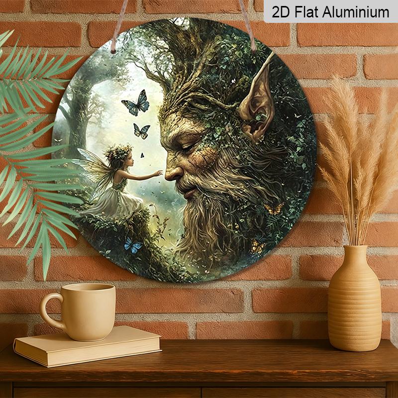 2D Flat, 1pc Vintage Metal Aluminum Sign - Enchanted Fairy & Tree Spirit Fantasy Art Round Wall Decor, Vibrant Colors Indoor/Outdoor Use for Cafe