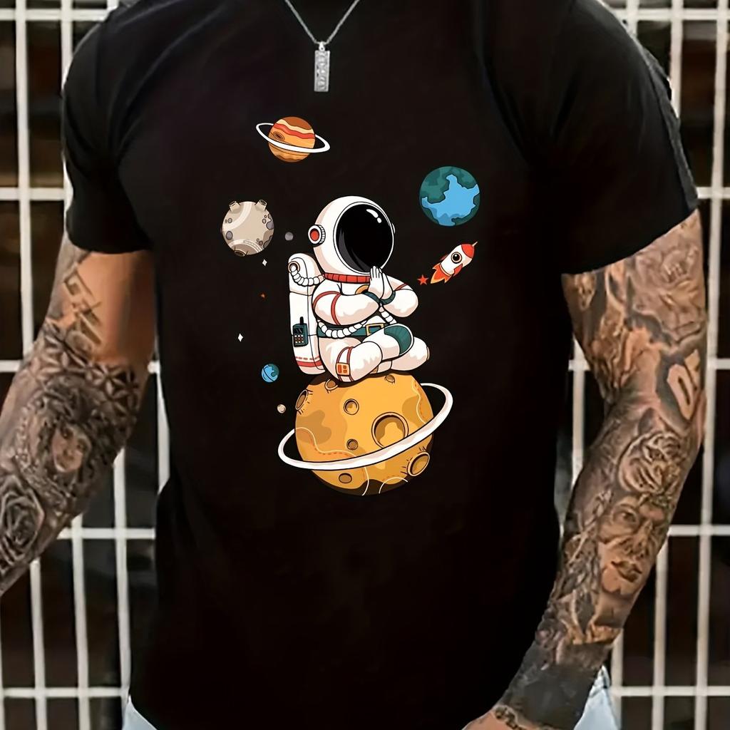 Cotton Men's 100% Cotton Summer Loose Size Cartoon Astronaut Planet Printed Slim Fit Casual Sports Round Neck Short Sleeved T-shirt Top